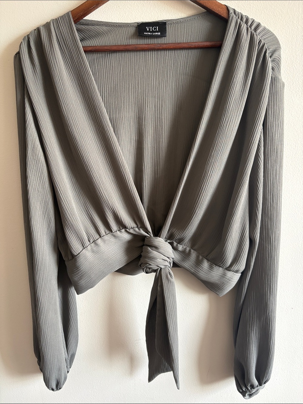 VICI Gray Tie Front Crop Top Long Sleeve Surplice Textured Blouse XL